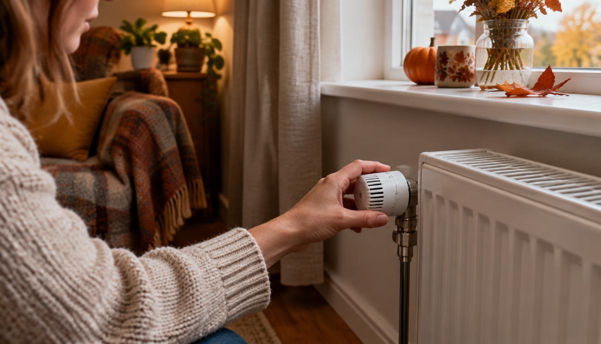 A person adjusting a radiator thermostat valve in a home in autumn