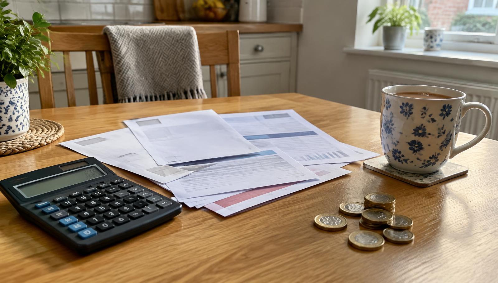 Household bills, a calculator, pound coins and a mug of tea on a kitchen table