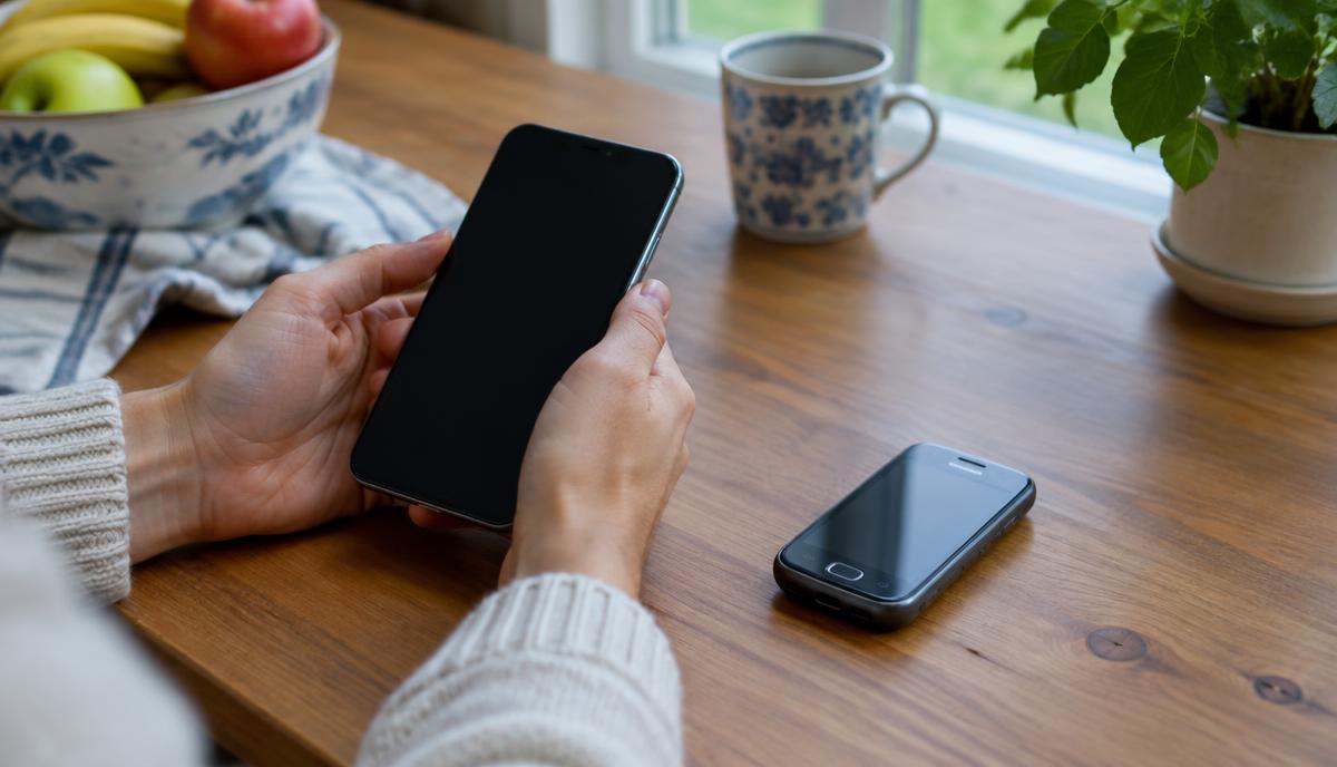A person holding a new smartphone at a kitchen table beside an older phone