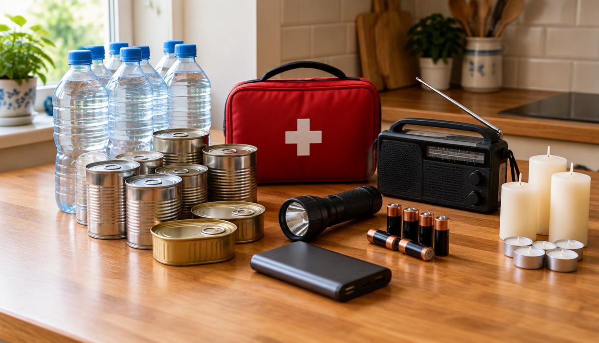 A home emergency kit on a kitchen worktop with bottled water, tinned food, a torch, batteries, a radio and a first aid kit