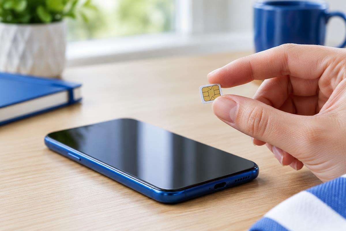A person holding a nano SIM card above a blue smartphone on a wooden desk