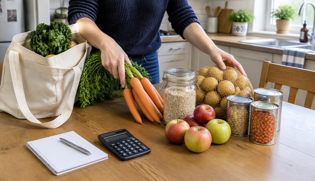 Illustrative AI-generated image of groceries, a shopping notebook and a calculator on a kitchen table