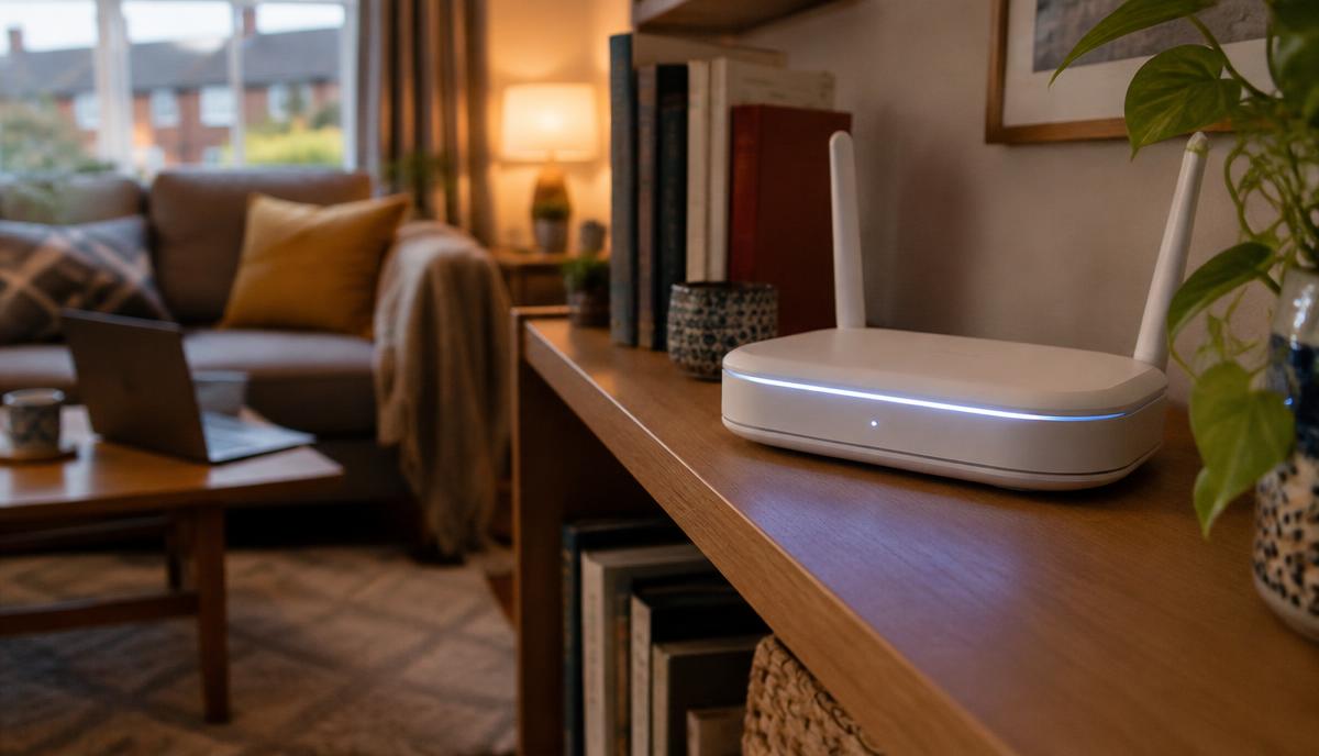 A white home broadband router on a shelf in a cosy living room