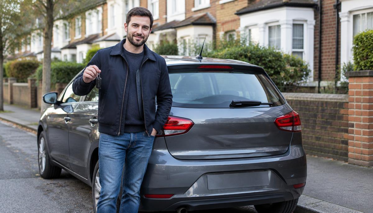 A driver holding car keys beside a parked hatchback on a residential street