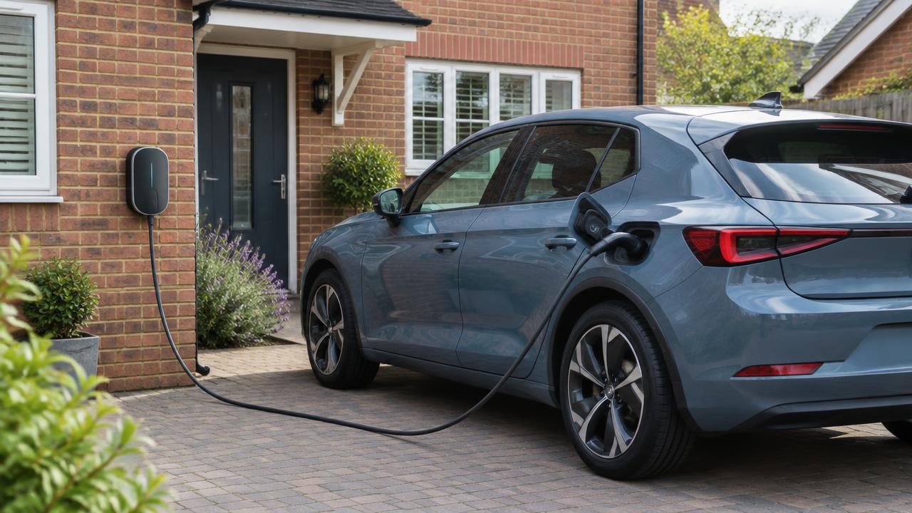 Electric family car charging on a British driveway