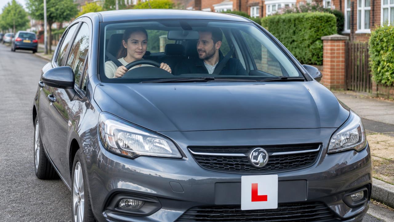 Learner driver with a supervisor in a parked car displaying an L plate
