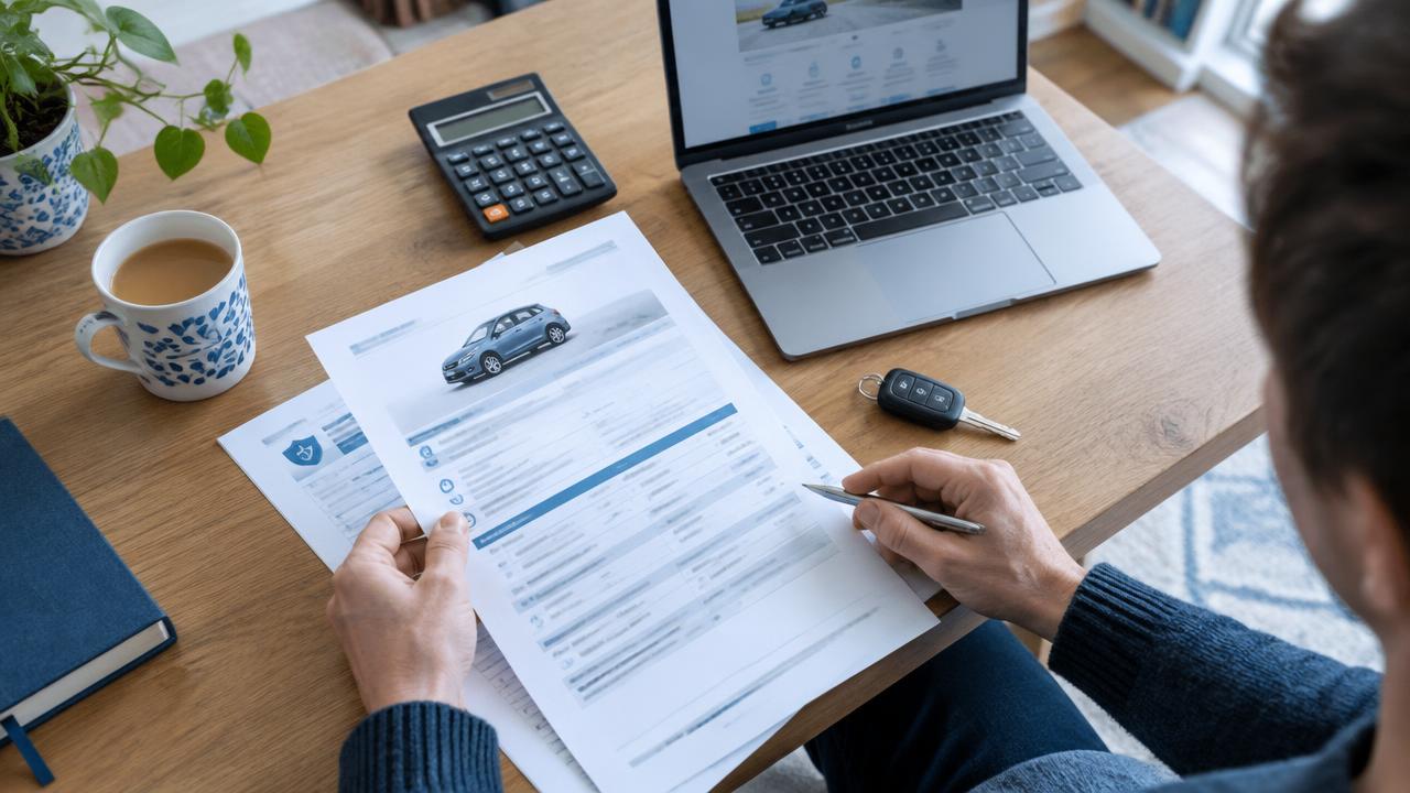 Reviewing car insurance documents with a calculator and car keys