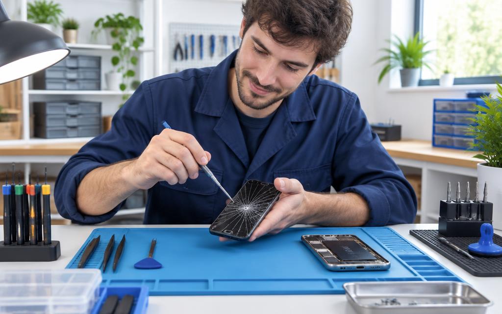 Technician repairing a phone with a cracked screen