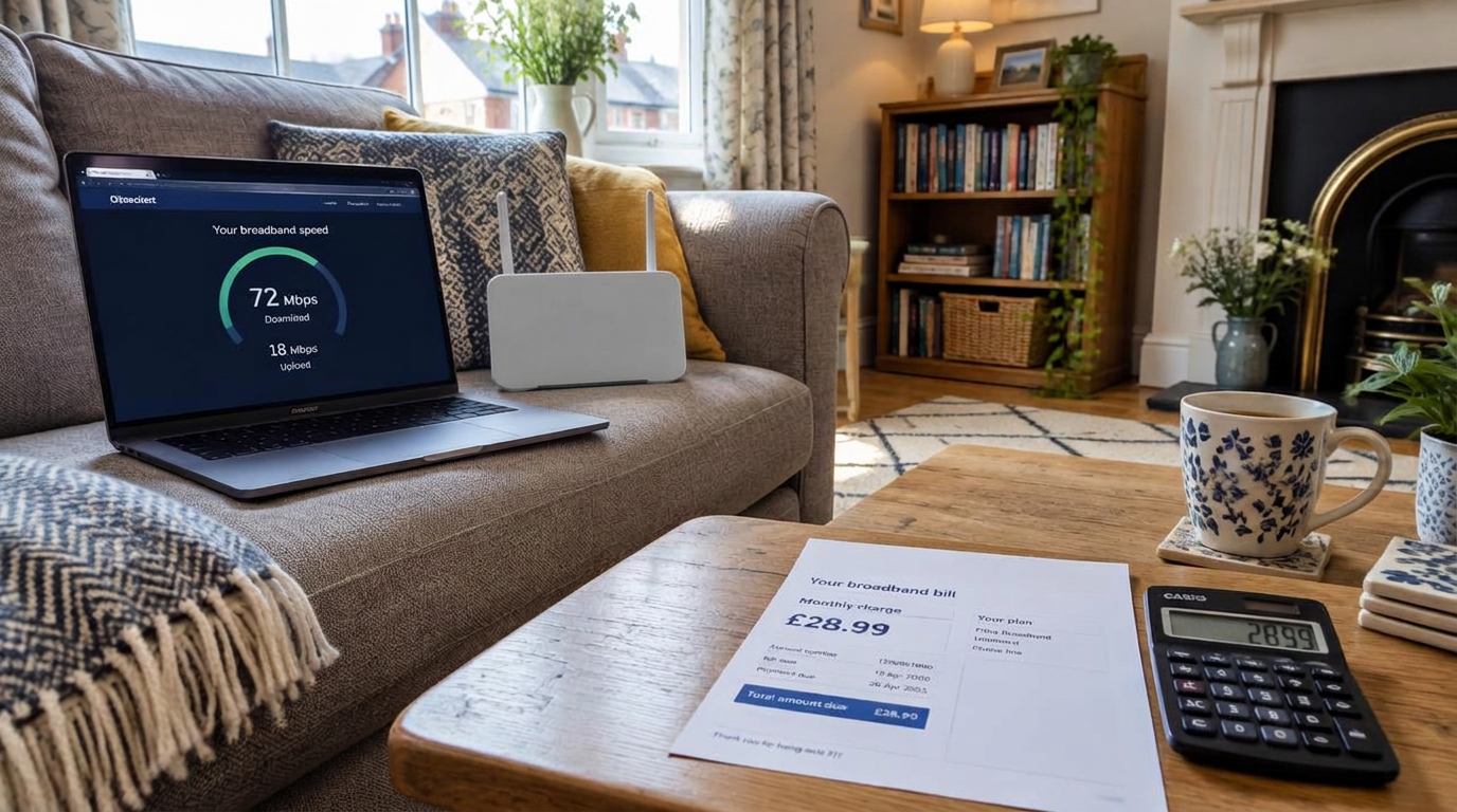 Laptop and router on a sofa with a broadband bill and calculator