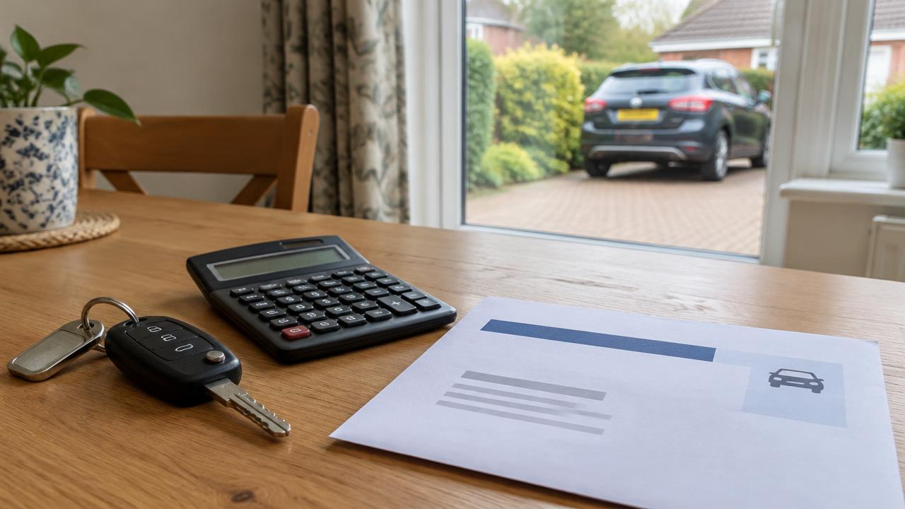 Car keys, calculator and insurance letter with a car on the driveway