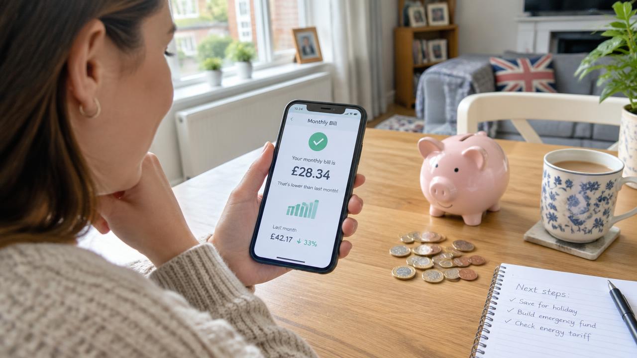 Woman checking a lower mobile bill on her phone beside a piggy bank